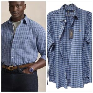 Ralph Lauren Long Sleeve Classic Fit Shirt Cotton Blue Plaid New With Tag Size L